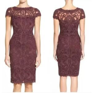 Tadashi Shoji Illusion Yoke Lace Sheath Dress Blackberry Burgundy - Size 12